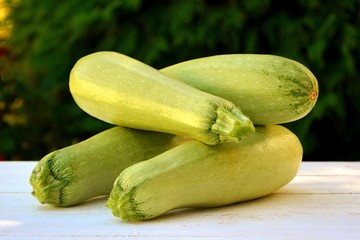 Zucchini on a white wooden table on the background of the garden close-up.