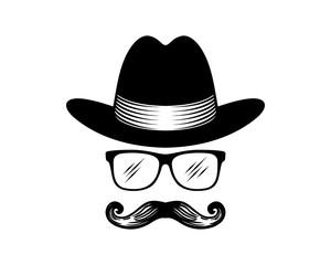 Vector Mafia or Spy or Detective with Classic Hat, White Glasses and Mustache Sign Symbol Icon Logo Design Inspiration