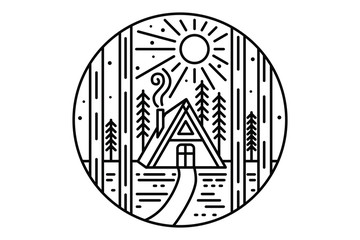 Wooden house in the forest. Wooden cabin in the woods. Linear illustration