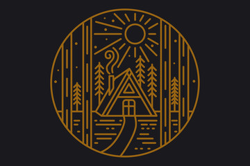 Wooden house in the forest. Wooden cabin in the woods. Linear illustration
