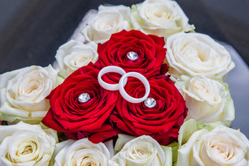 Weiße Eheringe Brautpaarringe Ringe auf rote Rosen