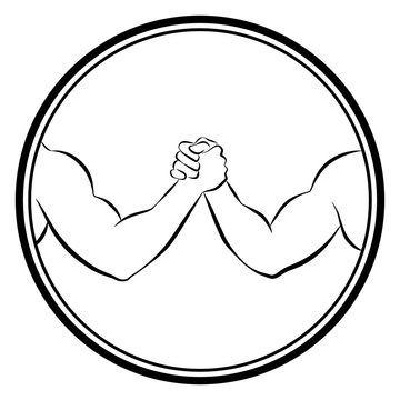 Arm wrestling competition. Isolated round logo outline vector illustration on white background.