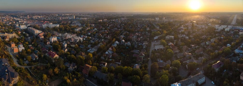 High altitude aerial view of the Uzhgorod Zakarpatya Ukraine during sundown.
