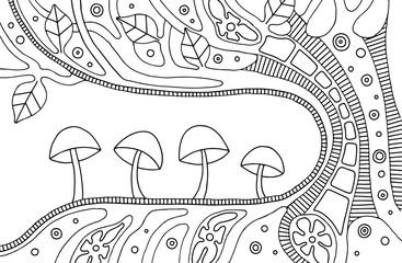 Vector black and white hand drawn illustration of psychedelic abstract tree, flowers, leaves, dots, mushrooms, background Decorative artistic creative picture, line drawing. Picture for coloring
