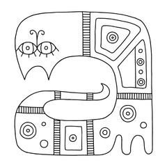 Vector hand drawn black and white illustration of isolated psuchedelic cat with decorative elements, geometrical symbols.  Line drawing.