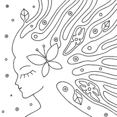 Vector black and white hand drawn illustration of psychedelic woman face with abstract tree, flowers, leaves, dots, butterfly, background Decorative artistic creative picture, line drawing. Coloring