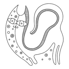 Vector hand drawn black and white illustration of isolated psuchedelic cat with decorative elements, dots.  Line drawing. Picture for coloring. Childlike doodle style