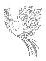 Vector hand drawn black and white illustration of isolated bird with decorative elements, branch, leaves, flowers, dots. Picture for coloring. Line drawing.