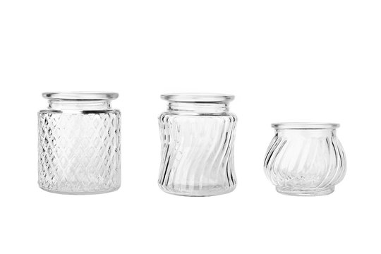 Set Of Three Glass Vases Isolated On White Background. Empty Small Glassware.