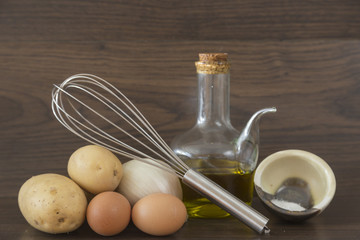 Still life on the ingredients of Spanish tortilla