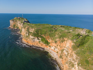 AERIAL view of monumental historical town of Kaliakra Unesco world heritage. Flying above archeological ruins of cape Kaliakra, Bulgaria