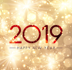 Shiny Happy New Year 2019 background with gold fireworks.