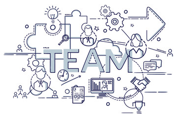 Flat colorful design concept of Team. Idea of making creative products. .Infographic for website banner, flyer and print. Hand drawn doodle cartoon vector illustration.