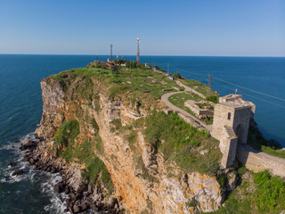 AERIAL view of monumental historical town of Kaliakra Unesco world heritage. Flying above archeological ruins of cape Kaliakra, Bulgaria