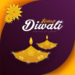 Diwali festival holiday design with gold and paper cut style of Indian Rangoli. purple color background. Vector illustration.
