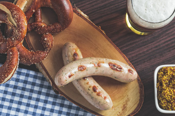 The bavarian weisswurst, pretzel and mustard
