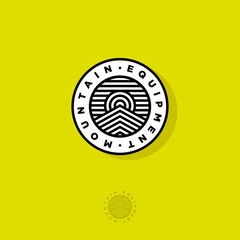 Mountain equipment logo. Mountains peaks. Sun and sky on a circle. Mountains Tours Company logo. Emblem for alpinism, ski resort or mountain tourism. Monochrome option.