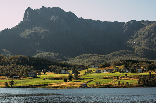 Houses and mountains near Holmstad, Lofoten Islands