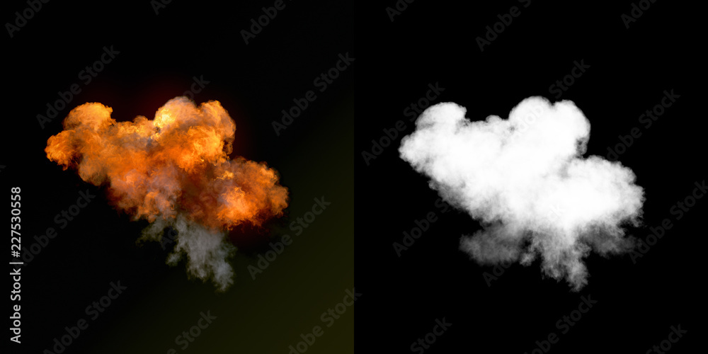 Poster large explosion with black smoke in dark plus alpha channel. 3d rendering