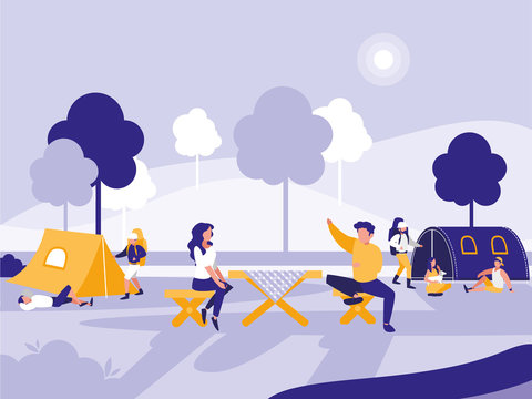 people in park with tents isolated icon