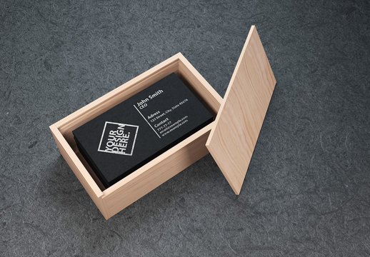 Black Business Cards in Wooden Box Mockup