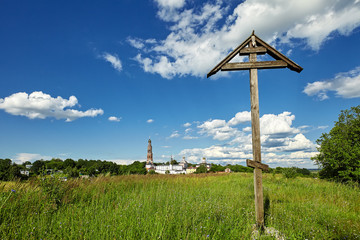 Wooden cross near St. John the Theologian Monastery of Poschupov. Ryazan Region, Russia.