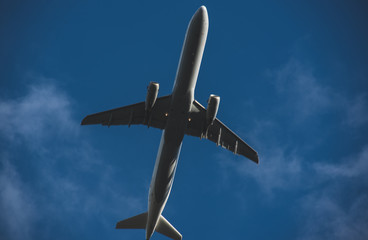 Silhouette of a plane taking off against the blue sky