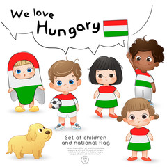 Hungary : Boys and girls holding flag and wearing shirts with national flag print : Vector Illustration