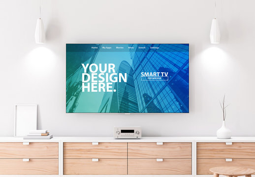Smart TV Hanging on Wall in Living Room Mockup