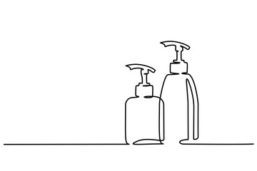 Continuous one line drawing. Cosmetic shampoo bottles. Vector illustration
