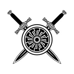 Sword shield tattoo, viking set. Celtic knightly emblem logo - 227533399