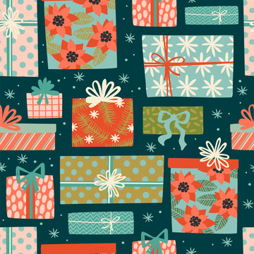 Christmas and Happy New Year seamless pattern with gift boxes.