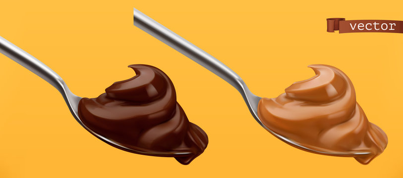 Spoon with chocolate and caramel. 3d vector realistic icon