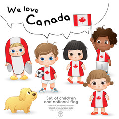 Fototapeta na wymiar Canada : Boys and girls holding flag and wearing shirts with national flag print : Vector Illustration