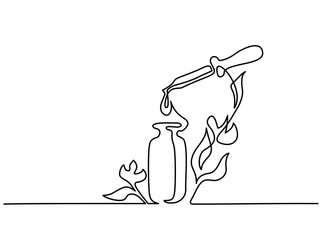 Continuous one line drawing. Cosmetic vial with pipette and flowers. Vector illustration