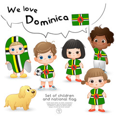 Dominica : Boys and girls holding flag and wearing shirts with national flag print : Vector Illustration