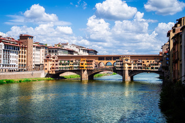 Florence or Firenze, a view of the Arno River and the Ponte Vecchio Bridge