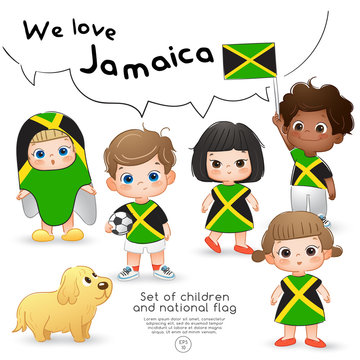 Jamaica : Boys and girls holding flag and wearing shirts with national flag print : Vector Illustration