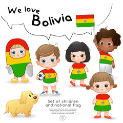 Bolivia : Boys and girls holding flag and wearing shirts with national flag print : Vector Illustration