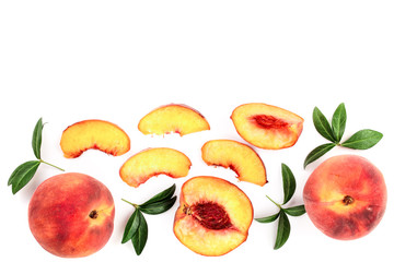 ripe peaches with leaves isolated on white background with copy space for your text. Top view. Flat lay pattern