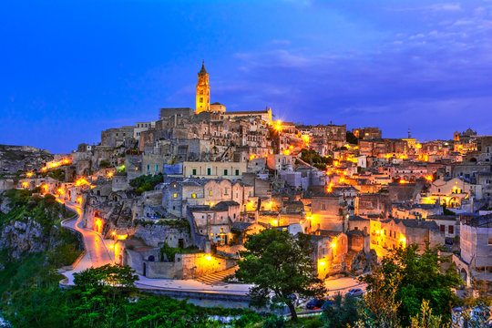 Matera, Basilicata, Italy: Landscape view of the old town - Sassi di Matera, European Capital of Culture, at dawn