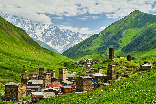 Beautiful landscape of mountain Georgia. Caucasus mountains and ancient national villages.