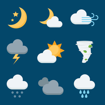 Set of Weather forecast icons in flat style isolated on blue background. Collection of Weather symbols vector illustration.