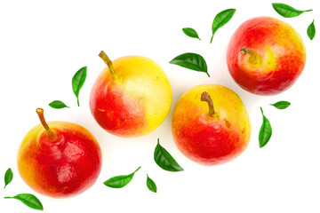 four ripe red yellow pear fruits isolated on white background. Top view. Flat lay pattern