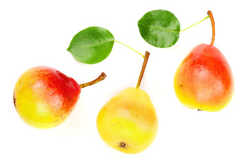 Three ripe red yellow pear fruits with leaf isolated on white background. Top view. Flat lay pattern