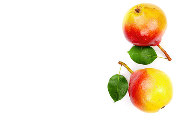 ripe red yellow pear fruits with leaf isolated on white background with copy space for your text. Top view. Flat lay pattern