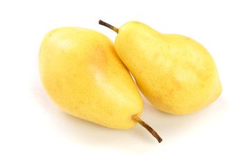 two ripe yellow pear fruits isolated on white background.