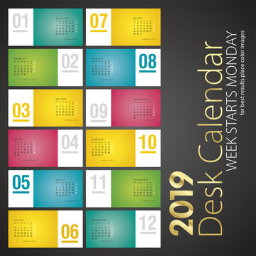 2019 New Desk Calendar monthly isolated numbers color landscape background
