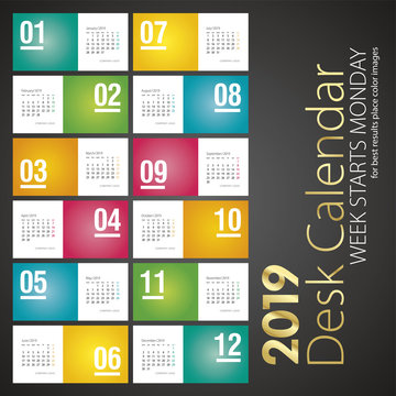 2019 New Desk Calendar monthly numbers color landscape background