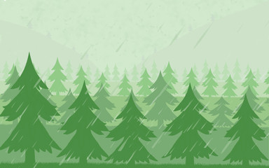  This illustration shows a fir forest with fog and rain.